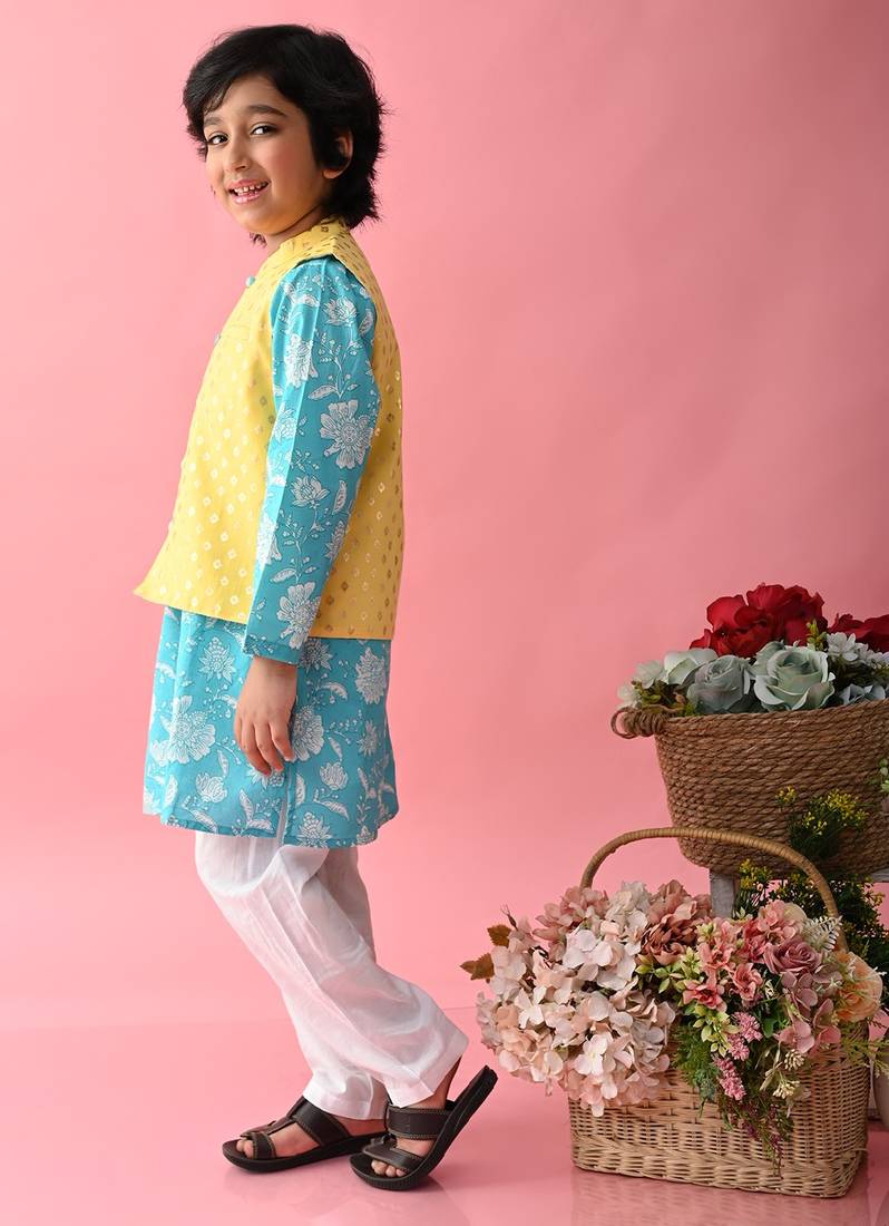 Saka Designs Boys Blue Kurta With Printed jacket & Payjama
