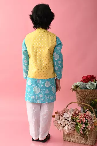 Saka Designs Boys Blue Kurta With Printed jacket & Payjama