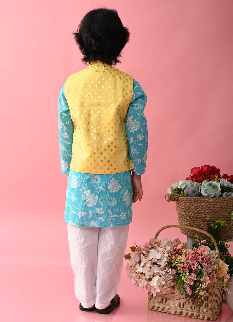 Saka Designs Boys Blue Kurta With Printed jacket & Payjama