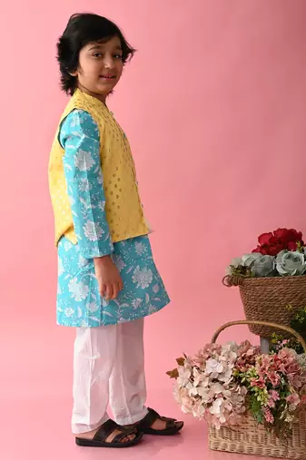 Saka Designs Boys Blue Kurta With Printed jacket & Payjama