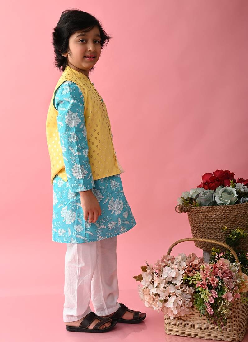 Saka Designs Boys Blue Kurta With Printed jacket & Payjama