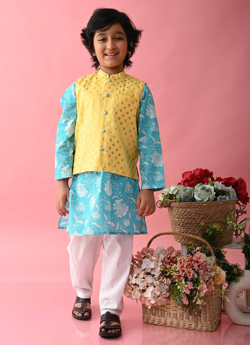 Saka Designs Boys Blue Kurta With Printed jacket & Payjama