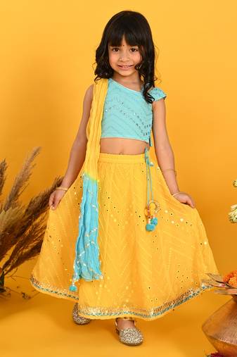 Saka Designs Girls Embroidered Lehenga Choli With Dupatta - Blue & Yellow