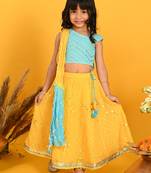 Saka Designs Girls Embroidered Lehenga Choli With Dupatta - Blue & Yellow