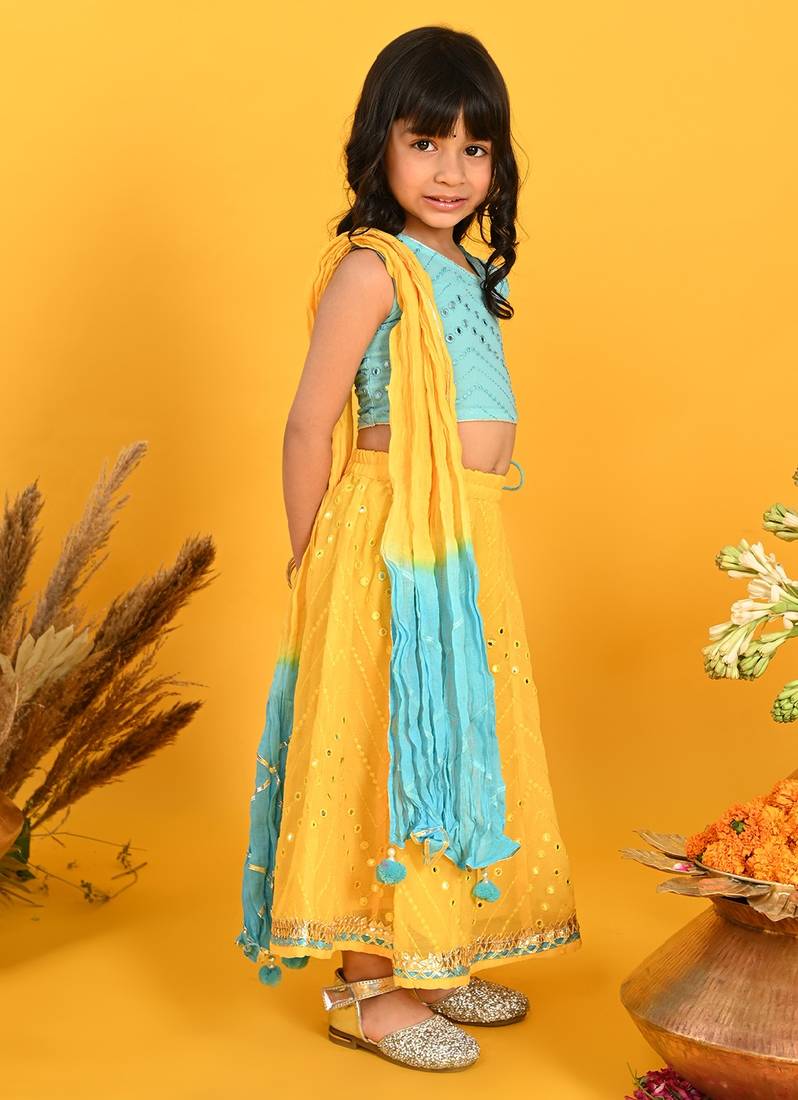 Saka Designs Girls Embroidered Lehenga Choli With Dupatta - Blue & Yellow