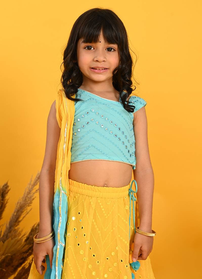Saka Designs Girls Embroidered Lehenga Choli With Dupatta - Blue & Yellow