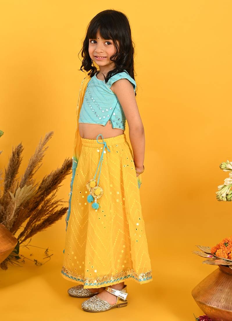 Saka Designs Girls Embroidered Lehenga Choli With Dupatta - Blue & Yellow