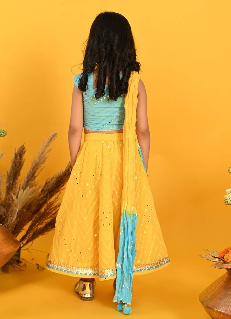 Saka Designs Girls Embroidered Lehenga Choli With Dupatta - Blue & Yellow