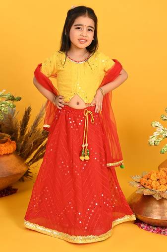 Saka Designs Girls Embroidered Lehenga Choli With Dupatta - Yellow & Red