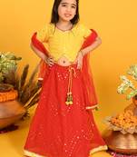 Saka Designs Girls Embroidered Lehenga Choli With Dupatta - Yellow & Red