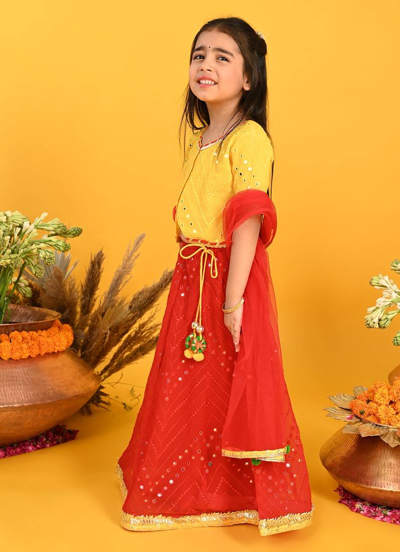 Saka Designs Girls Embroidered Lehenga Choli With Dupatta - Yellow & Red