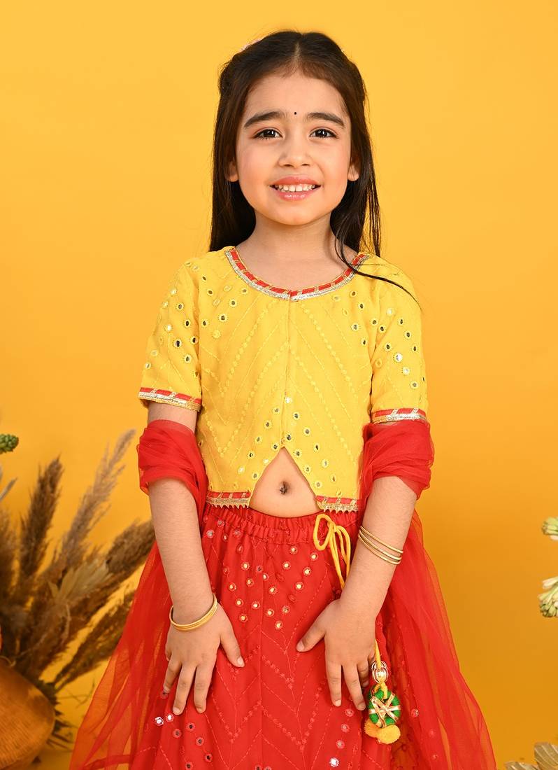 Saka Designs Girls Embroidered Lehenga Choli With Dupatta - Yellow & Red