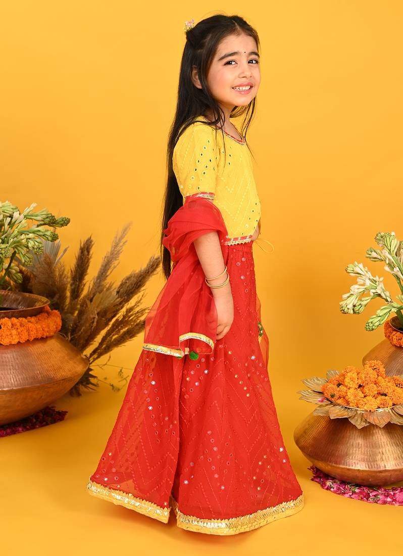 Saka Designs Girls Embroidered Lehenga Choli With Dupatta - Yellow & Red