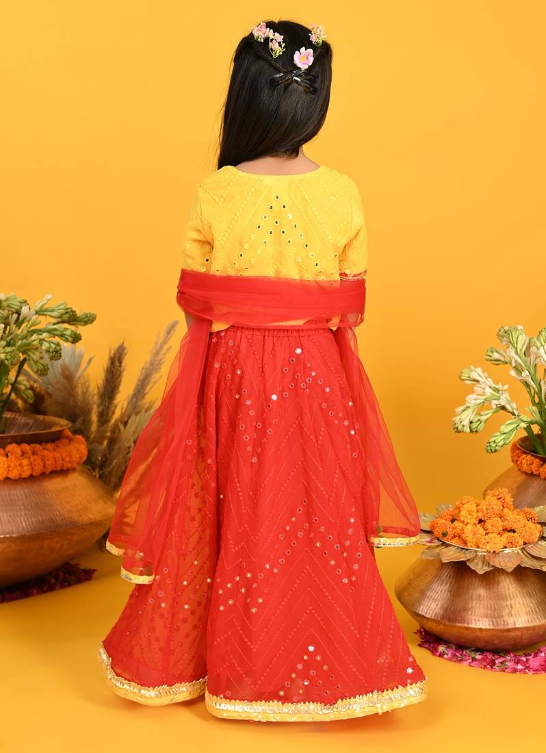 Saka Designs Girls Embroidered Lehenga Choli With Dupatta - Yellow & Red