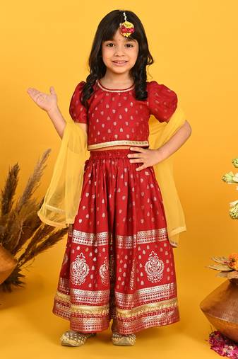 Saka Designs Girls Gold Printed Lehenga Choli With Dupatta - Maroon