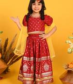 Saka Designs Girls Gold Printed Lehenga Choli With Dupatta - Maroon