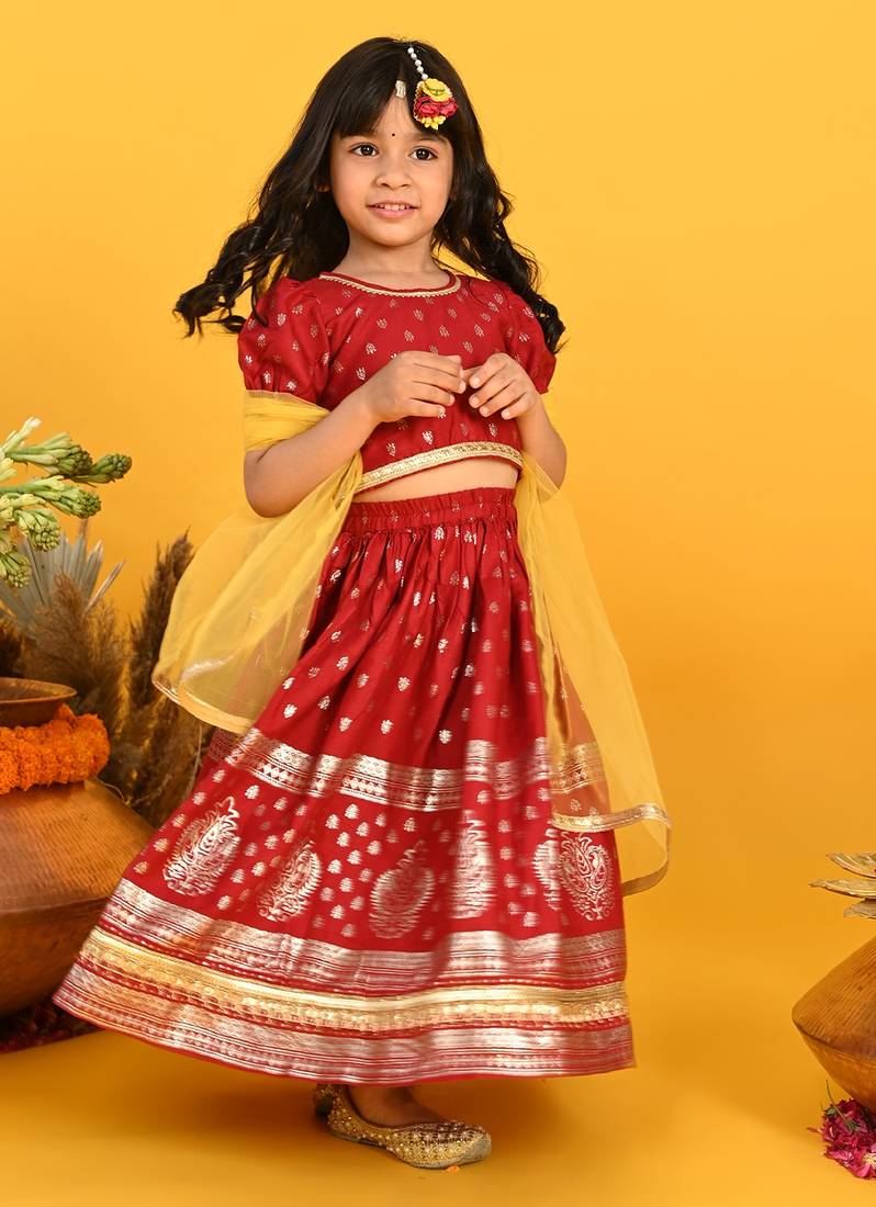 Saka Designs Girls Gold Printed Lehenga Choli With Dupatta - Maroon
