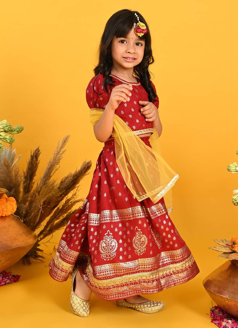 Saka Designs Girls Gold Printed Lehenga Choli With Dupatta - Maroon