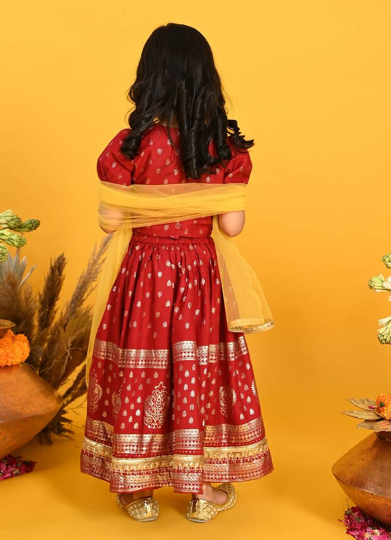 Saka Designs Girls Gold Printed Lehenga Choli With Dupatta - Maroon