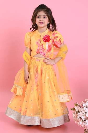 Saka Designs Floral Printed Lehenga Choli With Dupatta - Yellow