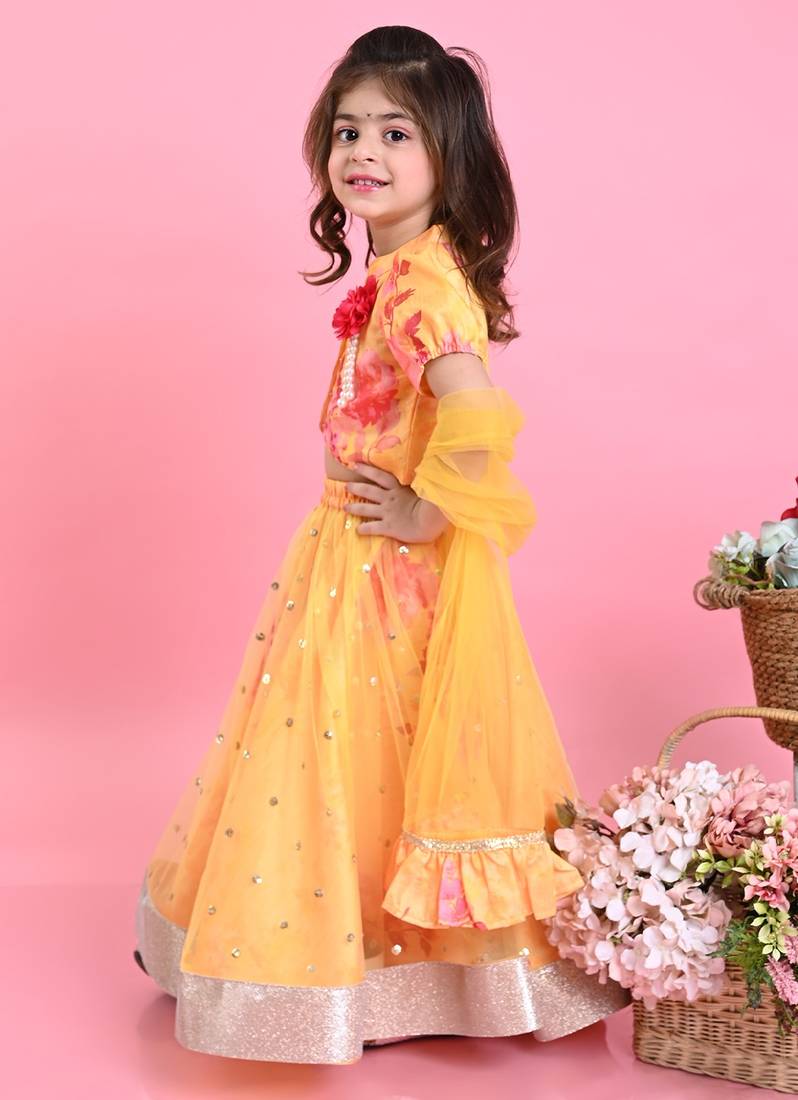 Saka Designs Floral Printed Lehenga Choli With Dupatta - Yellow