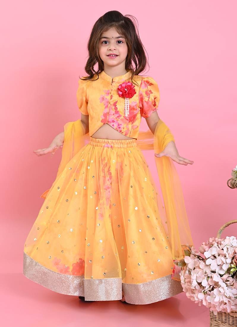 Saka Designs Floral Printed Lehenga Choli With Dupatta - Yellow