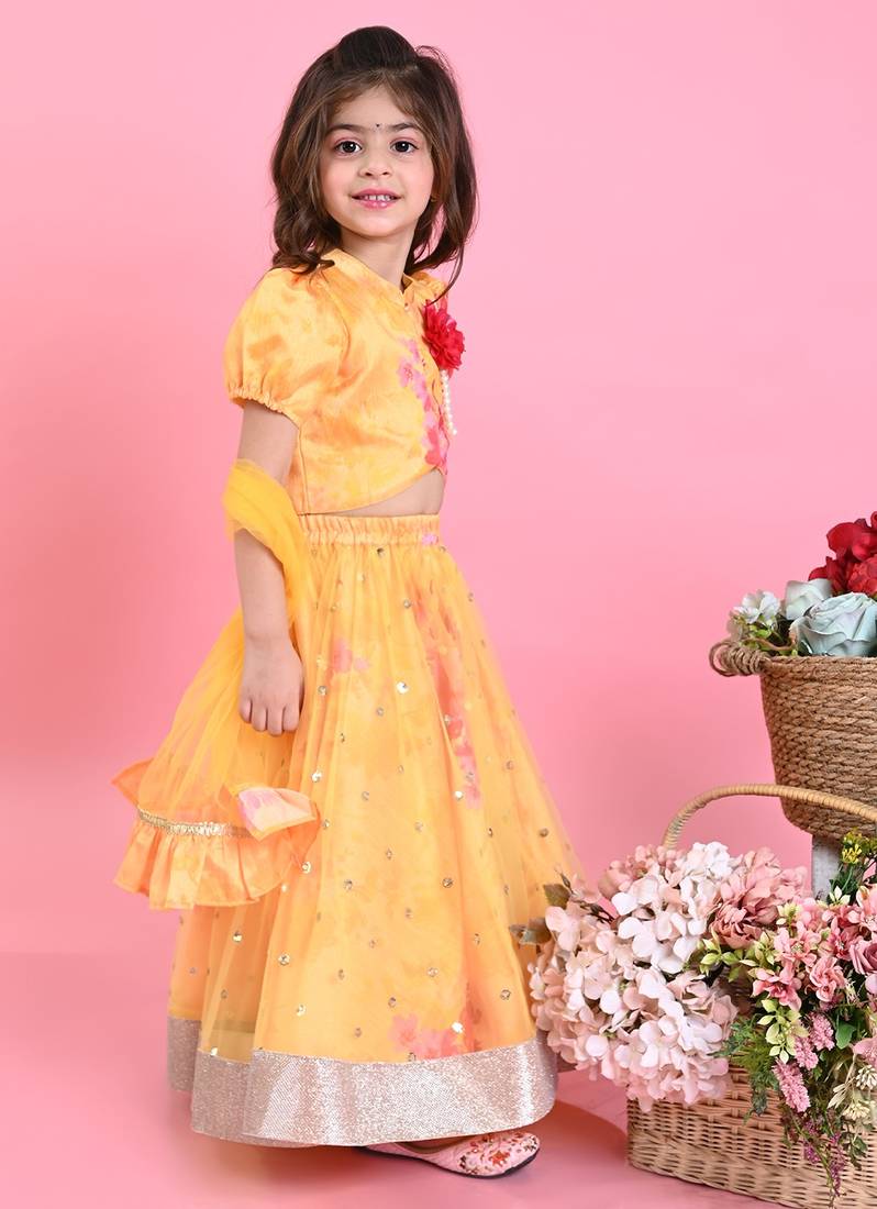 Saka Designs Floral Printed Lehenga Choli With Dupatta - Yellow
