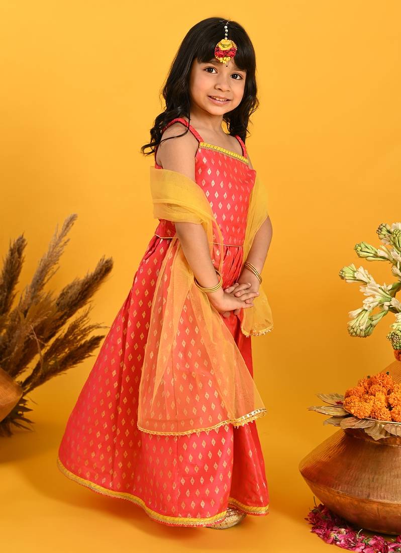 Saka Designs Girls Printed Lehenga Choli With Dupatta - Fuchsia