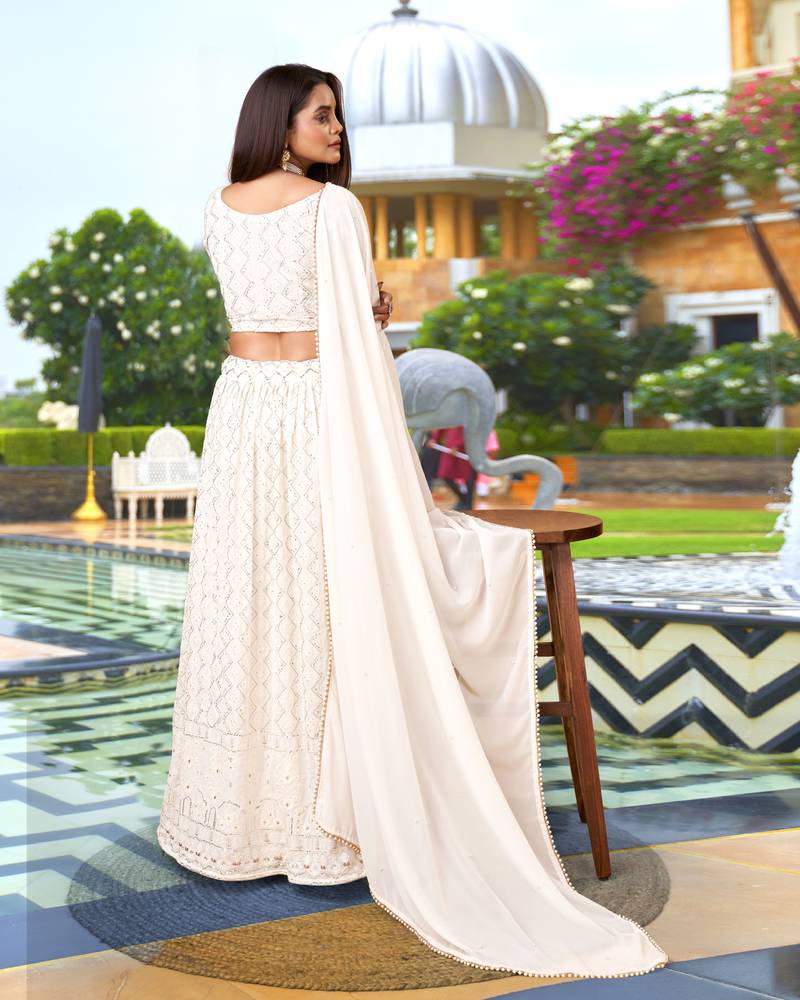 Trendmalls Women's White Georgette Embroidered Work Lehenga Choli With Dupatta