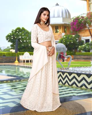 Trendmalls Women's White Georgette Embroidered Work Lehenga Choli With Dupatta 4