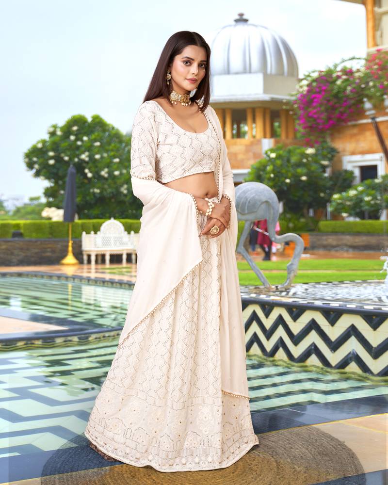Trendmalls Women's White Georgette Embroidered Work Lehenga Choli With Dupatta