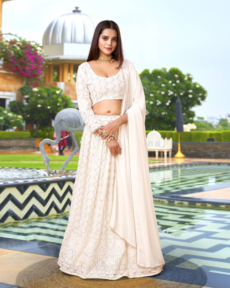 Trendmalls Women's White Georgette Embroidered Work Lehenga Choli With Dupatta