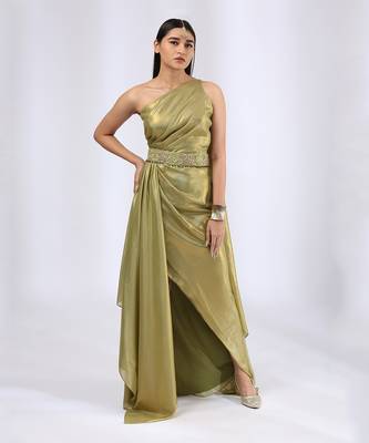 Olive green pre draped saree gown 1