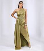Olive green pre draped saree gown