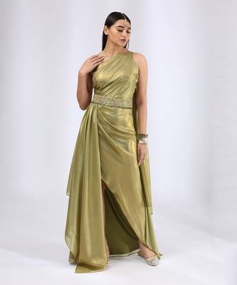 Olive green pre draped saree gown 2