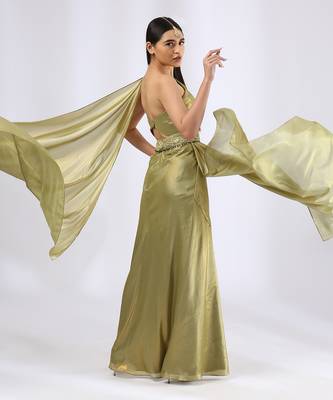 Olive green pre draped saree gown 3
