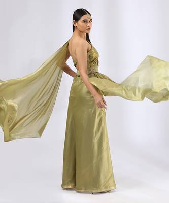 Olive green pre draped saree gown 4