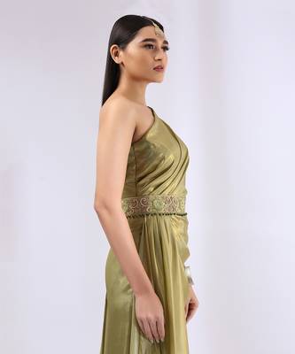 Olive green pre draped saree gown 5