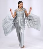 Metallic grey pre draped gown