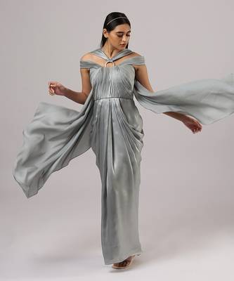 Metallic grey pre draped gown 4