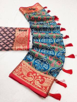 Blue Soft Raw Silk Digital Print Patola Saree with Blouse For Women 5