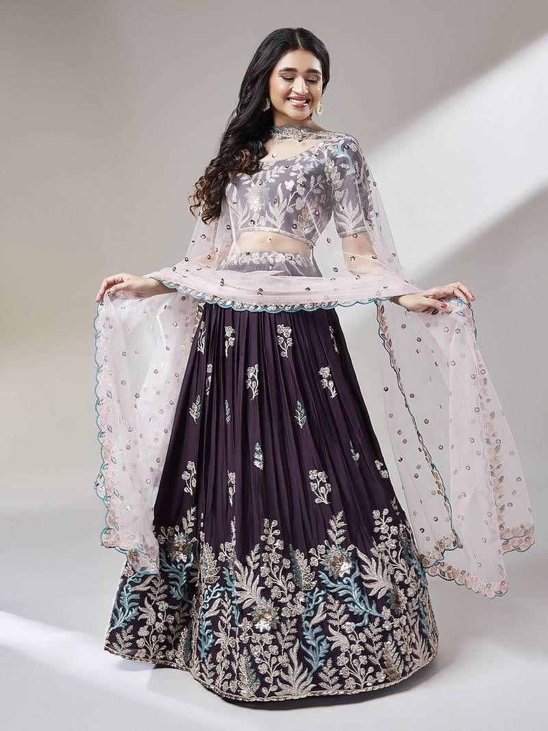Sequin Georgette Lehenga Choli Dupatta Set with Long Jacket