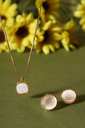 Aquastreet minimal white charm stone chain pendant with luminous stud earrings gold plated alloy for girls and women