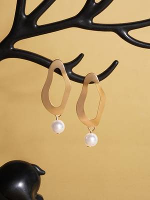Aquastreet  golden geometric design earrings with pearl drop earrings gold plated alloy for girls and women 1