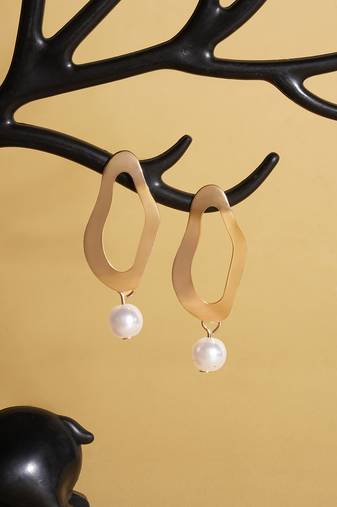 Aquastreet  golden geometric design earrings with pearl drop earrings gold plated alloy for girls and women
