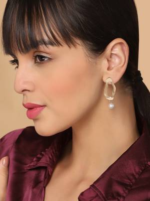Aquastreet  golden geometric design earrings with pearl drop earrings gold plated alloy for girls and women 2
