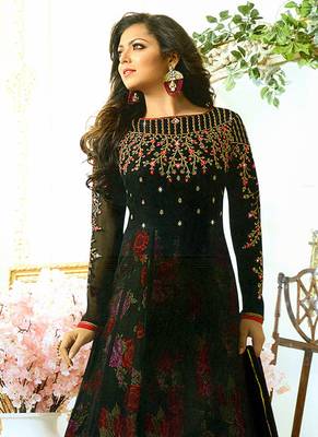 Black Embroidered Georgette  Anarkali Suit Free size full stitched Up To 42" Size 2