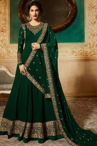 Green Embroidered Georgette Semi-Stitched Anarkali Suit Up To 42" Size