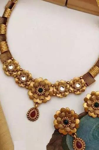  Traditional Jewellery Set for Women Gold-Plated Temple Stone-Studded Necklace Set For Women & Girls