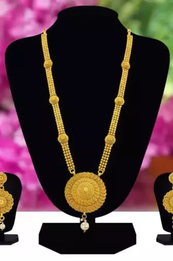 	Gold Plated Wedding Jewellery Pearl Long Haram Necklace Set For Women